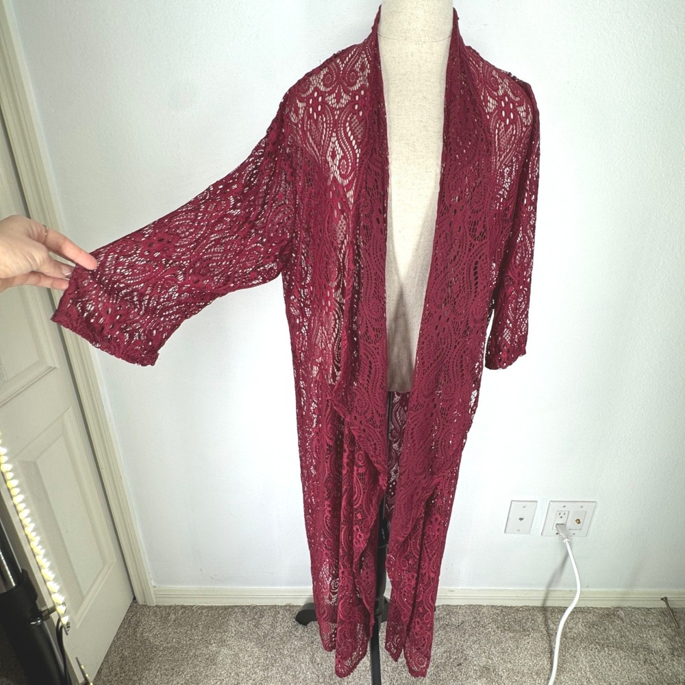Vintage Y2K Lace Duster Cardigan Burgundy Open Front Longline Paisley 2X USA